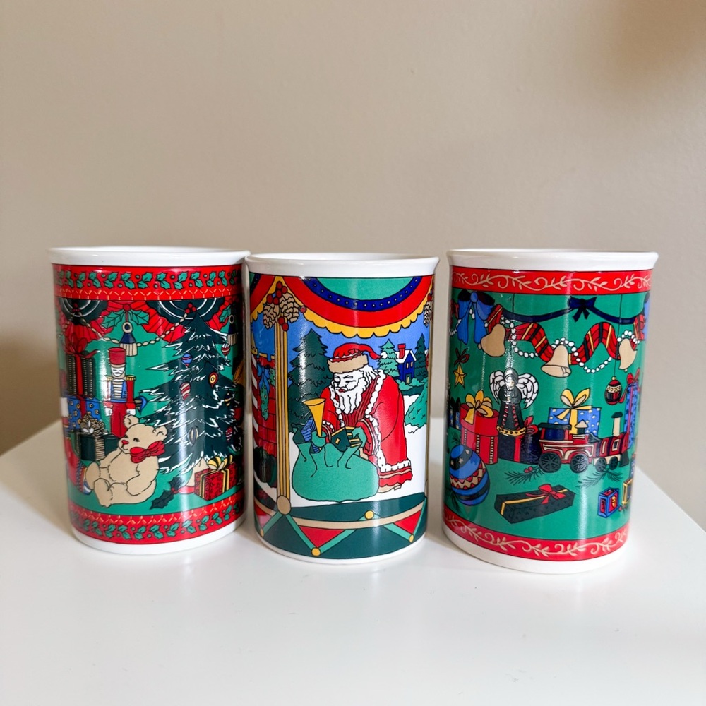Vintage 1996 Fine Work Limited Edition Santa Christmas Coffee Mugs Set of 3
